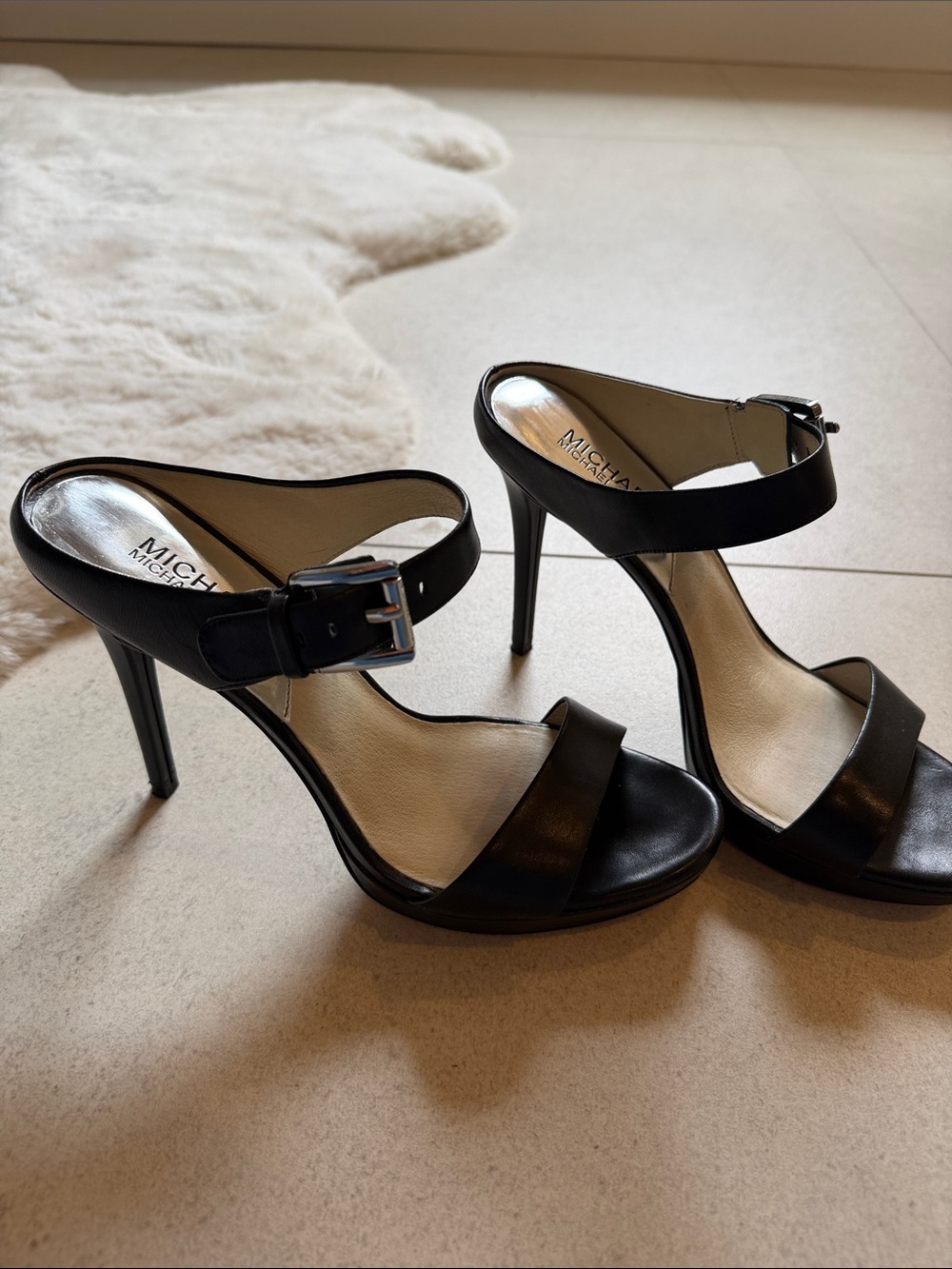 MICHAEL Michael Kors Black Leather Ankle-Strap Stiletto Sandals